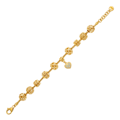 Picture of CZ Heart Bracelet Gold Plated with Textured Flower Beads (16-16.5cm)