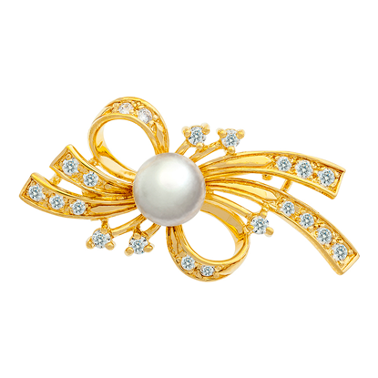 Picture of CZ Modern Bow Brooch Gold Plated with White Pearl