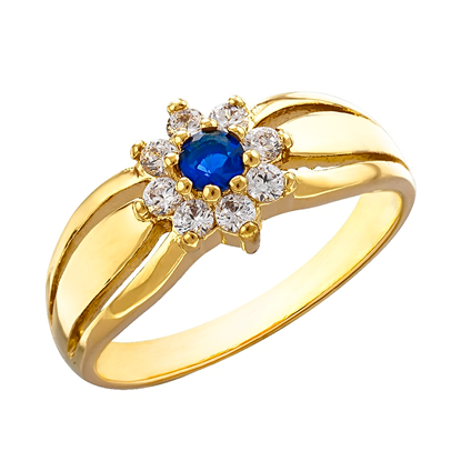 Picture of Blue CZ Petite Flower Signet Ring Gold Plated