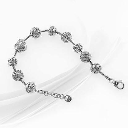Picture of CZ Heart and Beads Charm Bracelet Rhodium Plated (16-16.5cm)