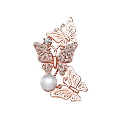 Picture of Triple Butterflies Brooch Rose Gold Plated with White Pearl