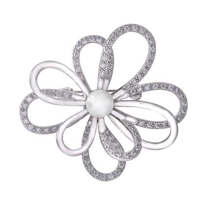 Picture of Layered CZ Petals Flower Brooch Rhodium Plated