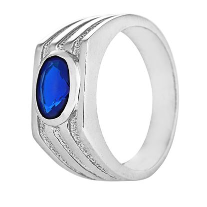 Picture of Blue CZ Wide Signet Ring Rhodium Plated for Men