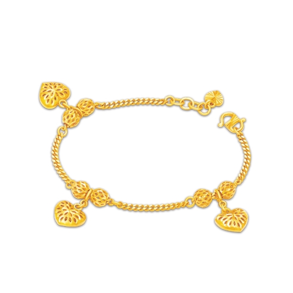 Show details for Dangle Heart Curb Chain Bracelet Gold Plated with Bead Balls Heart Curb Chain Bracelet