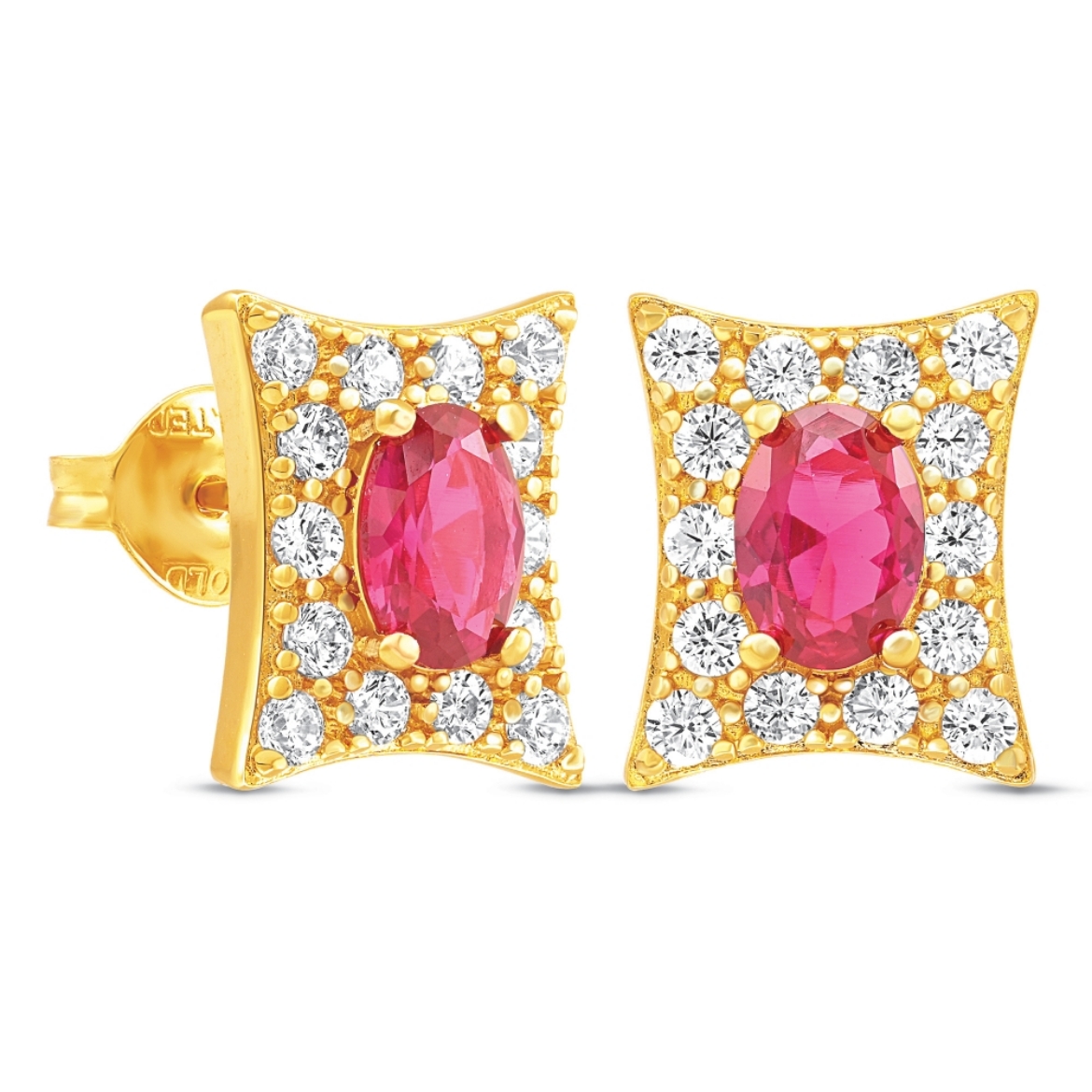 Red Square Halo Stud Earrings Gold Plated