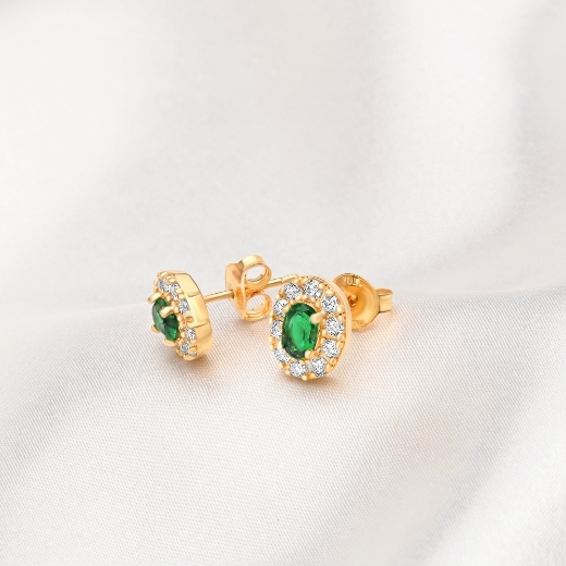 Green Oval Halo Stud Earrings