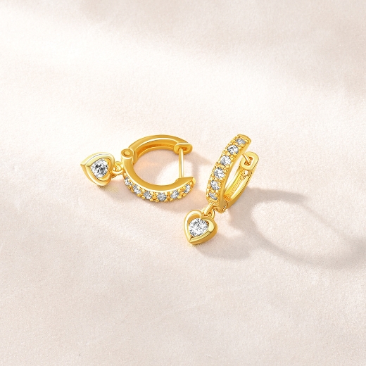 CZ Heart Charm Hoop Earrings